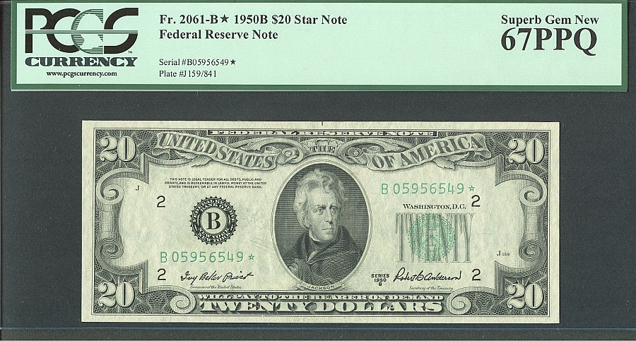 Fr.2061-B*, 1950B $20 New York Star, Superb Gem, PCGS67-PPQ